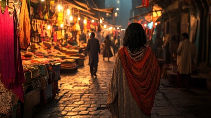 Woman walking through a vibrant, bustling night market with colorful fabrics and warm lighting.