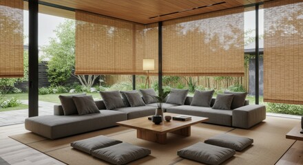 Modern Japanese-inspired living room, large sectional sofa, wooden ceiling, floor-to-ceiling windows, bamboo shades, pendant light, indoor plants, zen atmosphere, natural textures, earthy tones, minim