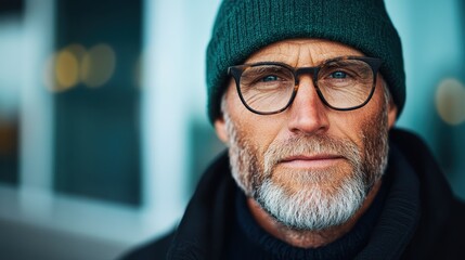 A serious-looking man with glasses and a beanie gazes directly, conveying a focused and thoughtful demeanor amid a cool, urban backdrop.