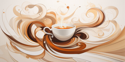 Abstraction on the theme of coffee, a white cup of coffee against a background of soft waves in brown tones	