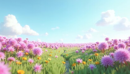 Obraz premium Pink Flower Field: A Serene, Dreamlike Landscape