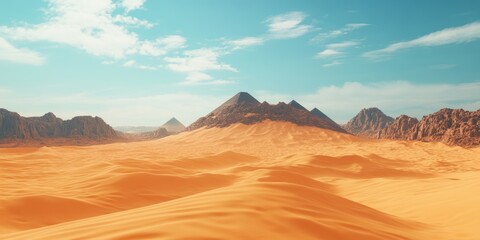 Naklejka premium Vast desert landscape with rolling sand dunes and distant mountains under a bright blue sky