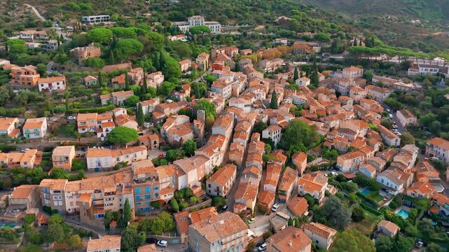 Aerial view of the Bormes les memosas picturesque village, French riviera