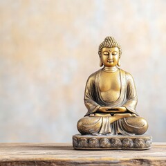Obraz premium Miniature gold Buddha statue on a wooden base, neutral backdrop
