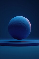 Dark blue sphere floats on a dark blue surface with soft light, shadows, illumination
