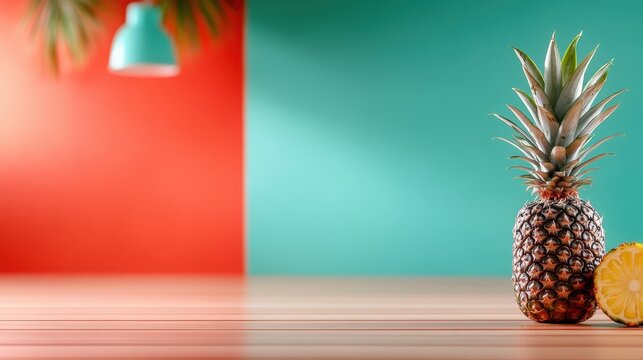 In this vibrant composition, a whole pineapple and a citrus slice are elegantly displayed against a bold backdrop of red and turquoise, creating a tropical vibe.