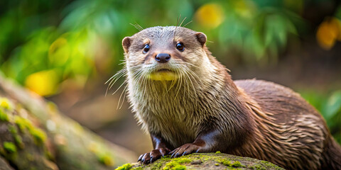 Fototapeta premium The otter sits on a moss-covered log, curiously observing its environment in the lush forest. Sunlight filters through the trees, illuminating its playful features
