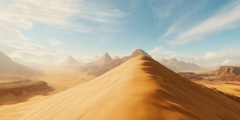 Naklejka premium Vast expanse of golden sand dunes under a bright blue sky near ancient pyramids in Egypt during the day
