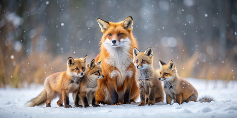 Obraz premium A mother red fox stands proudly with her five playful kits in a snowy forest. Flakes fall gently around them, creating a peaceful winter atmosphere as they bond