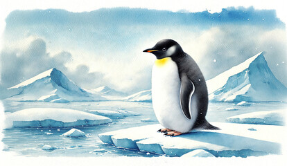 watercolor landscape of penguins in Antarct