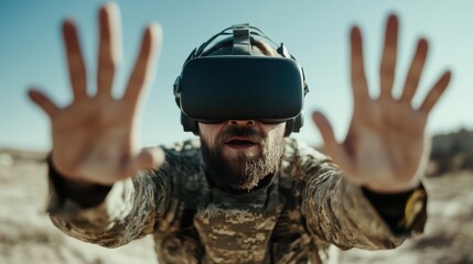 A soldier wearing a virtual reality headset appears deeply engaged in a simulation amidst a sandy or desert-like setting, emphasizing military technology advancements.