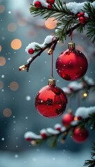 Glittering red Christmas balls hung from a crimson-painted tree branch, red tree branches, holly leaves, winter wonderland