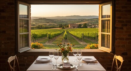 Tuscan vineyard view, open wooden window frame, rustic dining table, wine glasses, flower vase centerpiece, rolling hills landscape, golden sunset light, Italian countryside, romantic dinner setting, 