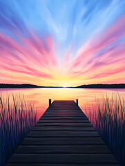 Obraz premium Sunset serenity lakeside dock digital artwork tranquil waters wide angle nature's beauty