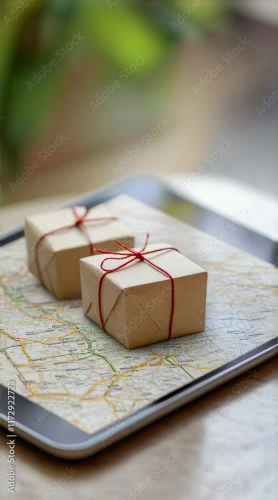 Aufkleber Two small, neatly wrapped packages tied with red string sit on a tablet displaying a map, symbolizing online shopping and the delivery process