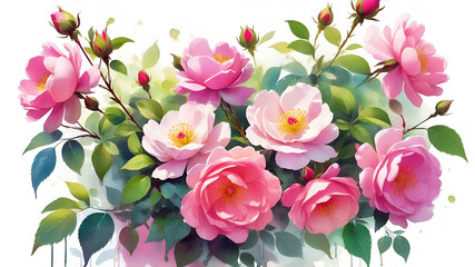 Fototapeta premium bouquet of pink roses, beautiful watercolor blooming wild roses painting isolated on white background with copy space for text