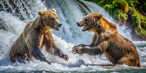 Obraz premium Two grizzly bears engage in playful behavior while splashing in a river surrounded by lush greenery and cascading water. Sunlight enhances the vibrant scene