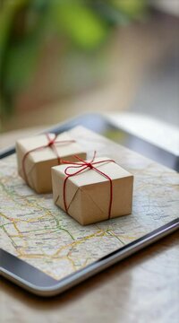 Two small, neatly wrapped packages tied with red string sit on a tablet displaying a map, symbolizing online shopping and the delivery process