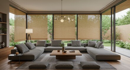 Fototapeta premium Modern Japanese-inspired living room, large sectional sofa, wooden ceiling, floor-to-ceiling windows, bamboo shades, pendant light, indoor plants, zen atmosphere, natural textures, earthy tones, minim