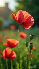 Pink red poppy flower buds grow in the garden, bloom, stems, poppies