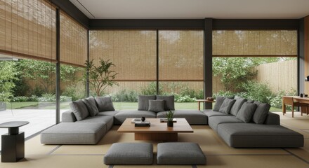 Fototapeta premium Modern Japanese-inspired living room, large sectional sofa, wooden ceiling, floor-to-ceiling windows, bamboo shades, pendant light, indoor plants, zen atmosphere, natural textures, earthy tones, minim