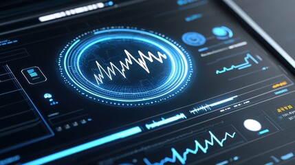 A futuristic medical interface with holographic charts, vitals, and digital health records