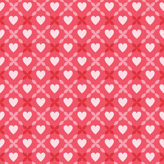 Seamless pattern of hearts and geometric shapes in pink shades. Design for Valentine's Day, wedding and mother’s day celebration, greeting cards, home decor, textile, wrapping paper, scrapbooking.