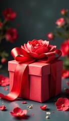 Red ribbon tied around a gift box with decorative flowers, red, color, decorative