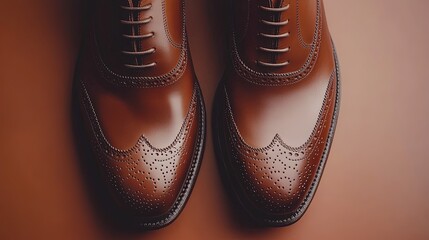 Polished brown leather brogue shoes.
