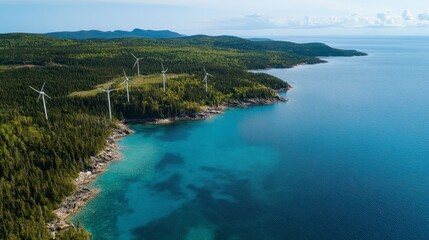 Naklejka premium Wind turbines along a coastline with crystal-clear water, showcasing renewable energy in harmony with nature.