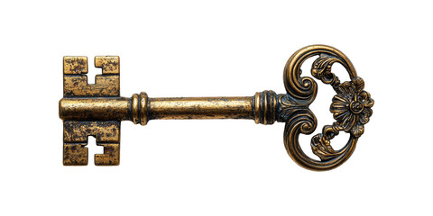 Vintage brass skeleton key isolated on transparent background