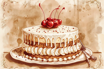 A vintage-style classic sponge cake with elegant icing patterns and a cherry on top.