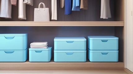 Fototapeta premium Organized closet with blue storage boxes and neatly arranged clothing.