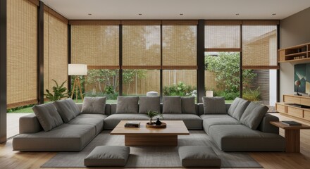 Modern Japanese-inspired living room, large sectional sofa, wooden ceiling, floor-to-ceiling windows, bamboo shades, pendant light, indoor plants, zen atmosphere, natural textures, earthy tones, minim