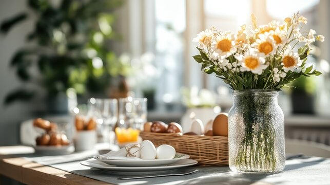 A rustic themed table is adorned with a basket of eggs and vibrant yellow wildflowers in a glass jar, capturing a warm and inviting countryside feel. - Powered by Adobe