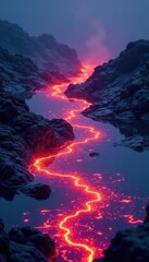 Fototapeta premium Iridescent lava spills into an ethereal lake of fire, fire, colorful, ash