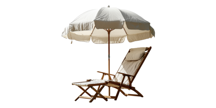 Wooden beach chair and umbrella set isolated on transparent background