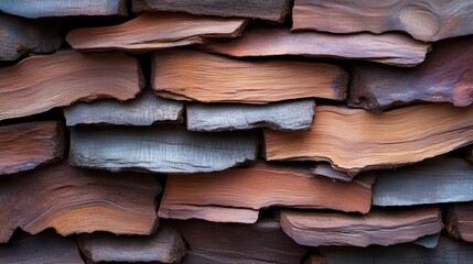This image captures the natural texture and pattern of weathered wooden shingles, showcasing rich earthy tones and a rugged, rustic appearance in a close-up view.