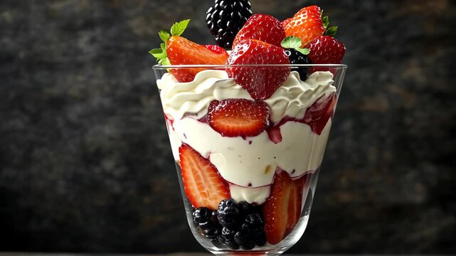 Delicious berry parfait layered with cream and fruits served in a clear glass cup on a dark background