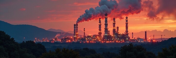 Oil refinery against a backdrop of raging forest fire, refinery, nature