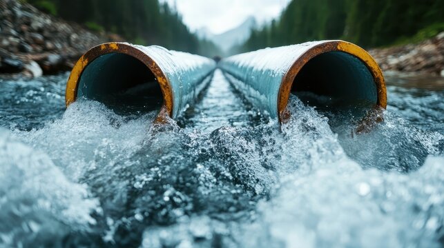 Two sturdy pipes pouring clear water into a swiftly flowing river surrounded by a lush forest, depicting harmony between infrastructure and natural resources.
