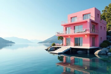 Obraz premium Pastel pink building with a spacious balcony and calm lake, relaxingviews, lakeviewpoint, pinkarchitecture