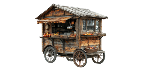 Rustic wooden food cart with vintage produce isolated on transparent background