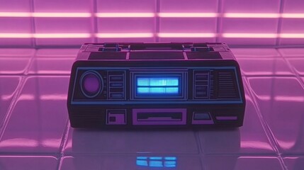Obraz premium Retro cassette player on reflective surface with neon lights.