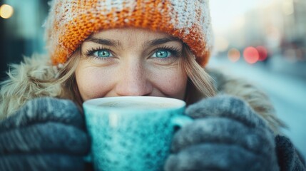 A cheerful young woman with bright blue eyes enjoys a warm cup of coffee outdoors, wearing cozy attire, perfectly capturing the essence of a crisp winter morning.