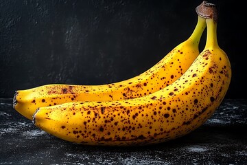 Two Ripe Bananas With Brown Spots Resting On Dark Surface