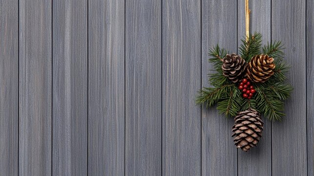 A photostock of a festive holiday wreath adorned with pinecones, berries, and golden accents hanging on a rustic wooden door, perfect for Christmas visuals. High Quality