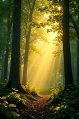 Obraz premium Soft golden light filters through forest canopy, Forest, Background