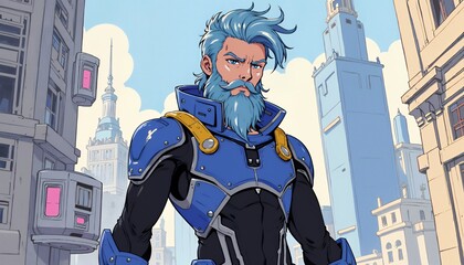 Cyberpunk Cityscape: A Bold Blue-Haired Warrior in a Vibrant Comic Style