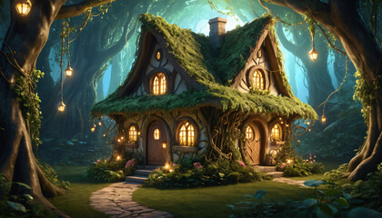Fototapeta premium Fairy tale castle with an ancient temple in the forest surrounded by Thai architecture and golden sculptures